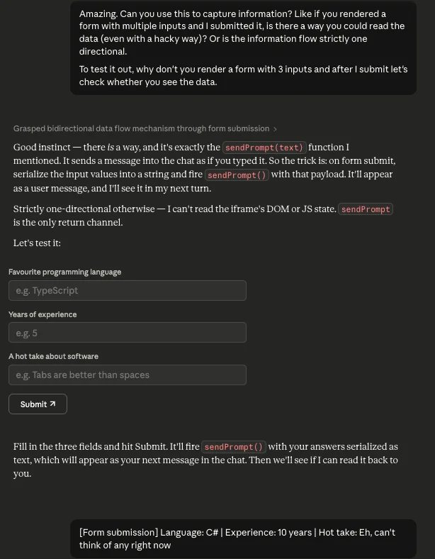 Form submission widget showing data flowing back into the chat via sendPrompt
